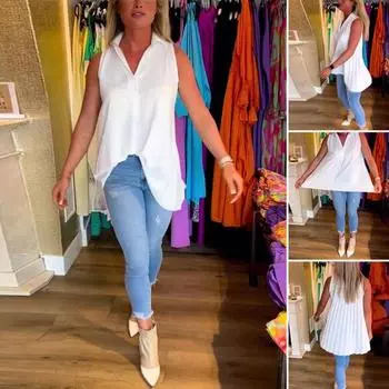 Женские летние топы с отворотом, V-образным вырезом, без рукавов, однотонная свободная рубашка со складками, тонкие плиссированные топы-пуловеры M чёрный