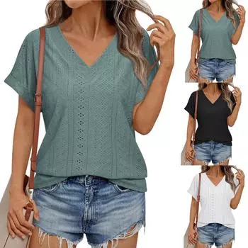 Женские летние топы с рукавами-крылышками, V-образным вырезом, вышитые футболки, свободный крой, повседневная модная одежда M зелёный