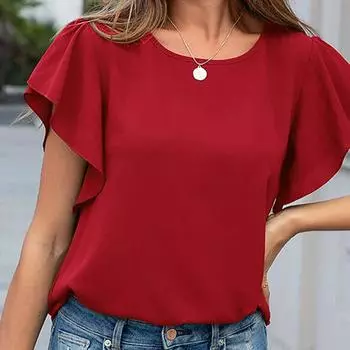 Женские летние топы с рюшами и короткими рукавами Топы на шнуровке Повседневная футболка с широким круглым вырезом L красный