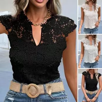 Женские летние топы с v-образным вырезом и короткими рукавами, пуловеры, облегающие однотонные пуловеры, полые кружевные повседневные топы с цветочным принтом L чёрный