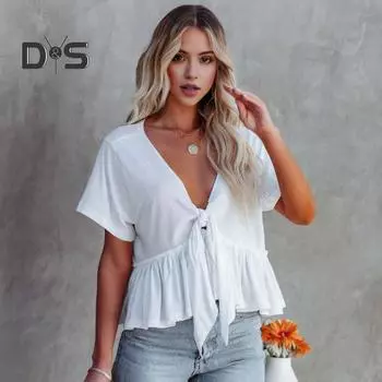 Женские летние топы с v-образным вырезом и коротким рукавом, однотонная повседневная футболка, свободный крой, футболки с узлом и оборками на подол M розы красного