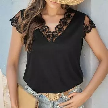 Женские летние топы с v-образным вырезом и коротким рукавом, кружевная футболка, сплошной цвет, приталенный пуловер L чёрный