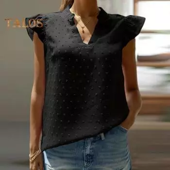 Женские летние топы с v-образным вырезом, летящие рукава, майки, однотонные пуловеры в горошек с жаккардовым декором, уличная одежда 2XL розовый