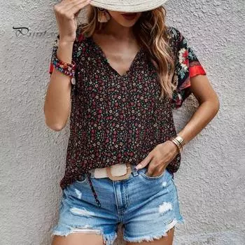 Женские летние топы с v-образным вырезом на шнуровке с коротким рукавом, свободная рубашка в этническом стиле, тонкая футболка с цветочным принтом, повседневная одежда S красный