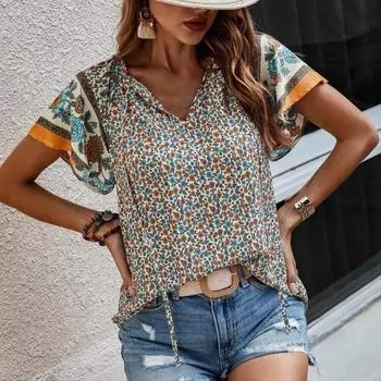 Женские летние топы с v-образным вырезом на шнуровке с коротким рукавом, свободная рубашка в этническом стиле, тонкая футболка с цветочным принтом, повседневная одежда S красный