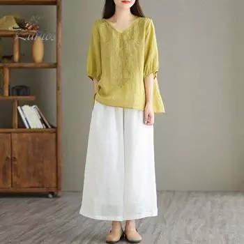 Женские летние топы с V-образным вырезом и коротким рукавом с вышитым узором, однотонные свободные топы в стиле «коммутация» 3XL фиолетовый