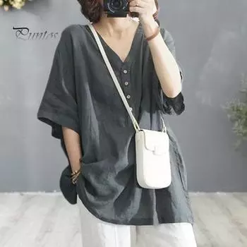 Женские летние топы с v-образным вырезом и пуговицами, футболка с короткими рукавами и однотонным пуловером свободного покроя, уличная одежда L серый