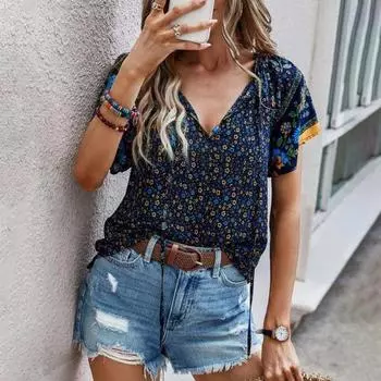 Женские летние топы с v-образным вырезом на шнуровке с коротким рукавом, свободная рубашка в этническом стиле, тонкая футболка с цветочным принтом, повседневная одежда S красный