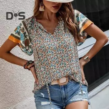 Женские летние топы с v-образным вырезом на шнуровке с коротким рукавом, свободная рубашка в этническом стиле, тонкая футболка с цветочным принтом, повседневная одежда S красный