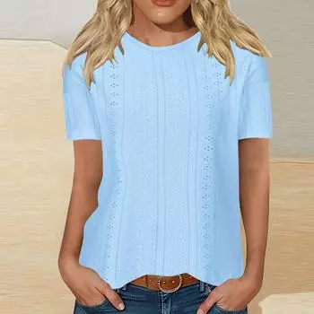 Женские летние топы с вышивкой на люверсах, блузки, повседневные футболки с коротким рукавом и круглым вырезом, свободные удобные базовые футболки L синий