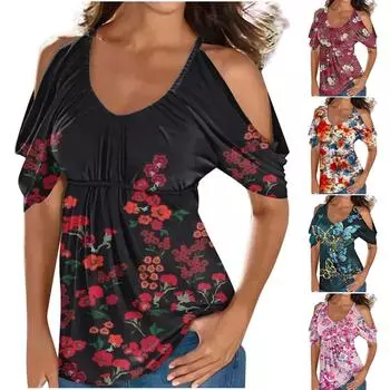 Женские летние топы с высокой талией, струящиеся рубашки, топы с открытыми плечами и круглым вырезом, повседневные плиссированные туники в стиле бохо с цветочным принтом XL синий