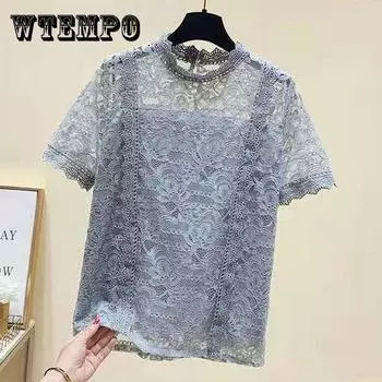 Женские летние топы, винтажные кружевные топы с короткими рукавами, свободные элегантные тонкие полые двухслойные топы с защитой от проникновения XXXL