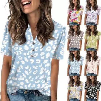 Женские летние топы, женская мода, повседневная футболка с цветочным принтом, V-образным вырезом, коротким рукавом, на пуговицах XXL
