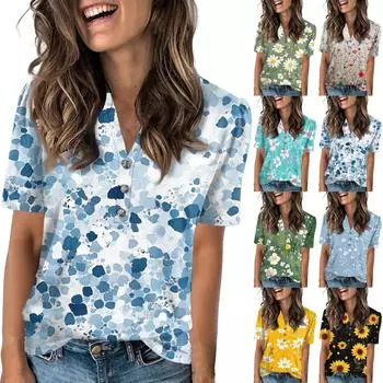 Женские летние топы, женская мода, повседневная футболка с цветочным принтом, V-образным вырезом, коротким рукавом, на пуговицах M циан