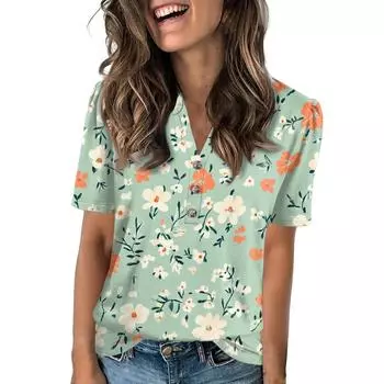 Женские летние топы, женская мода, повседневная футболка с цветочным принтом, V-образным вырезом, коротким рукавом, на пуговицах S
