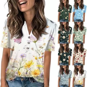Женские летние топы, женская мода, повседневная футболка с цветочным принтом, V-образным вырезом, коротким рукавом, на пуговицах L бежевый