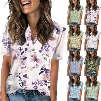 Женские летние топы, женская мода, повседневная футболка с цветочным принтом, V-образным вырезом, коротким рукавом, на пуговицах XXL