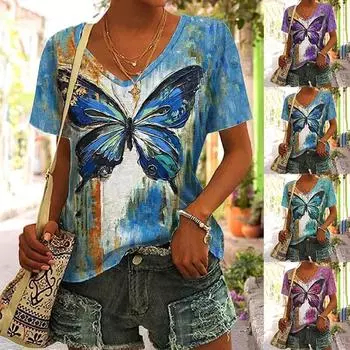 Женские летние топы, женские повседневные футболки с короткими рукавами, женские блузки с глубоким v-образным вырезом, хлопковые топы с принтом бабочек S синий