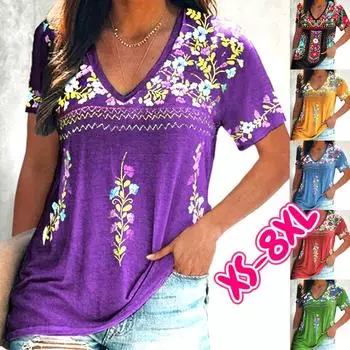 Женские летние топы, женские повседневные футболки с короткими рукавами, женские пуловеры с v-образным вырезом, блузки с цветочным принтом, хлопковые свободные футболки XS чёрный
