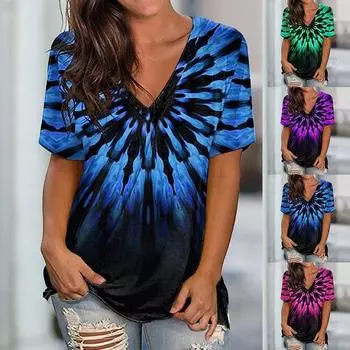 Женские летние топы, женские повседневные футболки с короткими рукавами, женские блузки с v-образным вырезом и цветочным принтом, хлопковые топы, однотонные свободные футболки XS синий