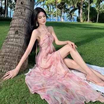 Женские летние трехмерные цветочные висячие шейные пляжные праздничные платья с лямкой на шее S розовый