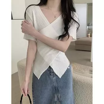 Женские летние трикотажные топы с v-образным вырезом и короткими рукавами, тонкая трикотажная рубашка нерегулярной формы, женская однотонная футболка из ледяного шелка, черный, белый цвет One Size бежевый