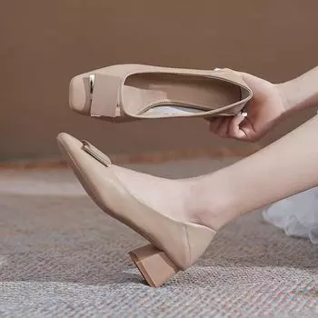 Женские летние туфли 2024 года из натуральной кожи на толстом каблуке с квадратным носком — туфли-лодочки на среднем каблуке во французском стиле 41 хаки