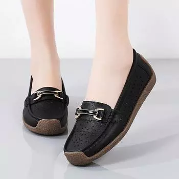 Женские летние туфли из искусственной кожи с плоским дном, дышащие, студенческие, большие ярды, однотонные, простые туфли 44 чёрный