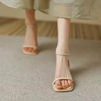 Женские летние туфли-лодочки на среднем каблуке из натуральной коровьей кожи с квадратным носком и пряжкой на щиколотке с ремешком в стиле ретро 33 бежевый