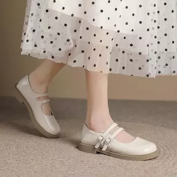 Женские летние туфли Мэри Джейн из французской кожи 2023 года — круглый носок, плоская подошва, неглубокий вырез 34