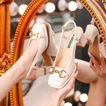 Женские летние туфли Мэри Джейн на среднем каблуке во французском стиле, пустые женские туфли Мэри Джейн на толстом каблуке с квадратным носком, черные, зеленые когти 35 бежевый