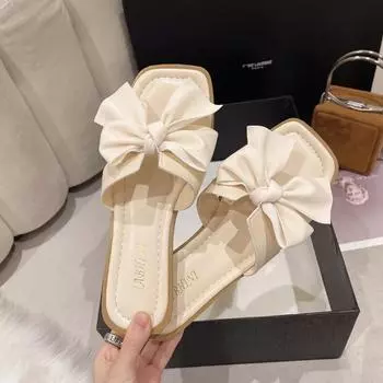 Женские летние туфли на плоской подошве в новом стиле для повседневной носки, модные и универсальные французские шлепанцы с бантом-бабочкой 35 бежевый