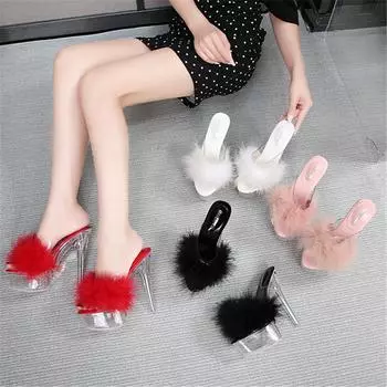 Женские летние туфли на высоком каблуке 14 см, на платформе 4 см, с прозрачными мюлями, женские прозрачные меховые тапочки, экстремально прозрачные каблуки, сексуальная обувь 42 красный