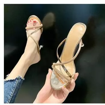 Женские летние туфли на высоком тонком каблуке с застежкой, повседневные, с круглым носком, с бриллиантами, верхняя одежда, пляжные сандалии 35-40 35 бежевый