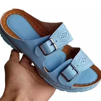 Женские летние туфли с закрытым носком 2025 года, новые удобные женские сандалии на танкетке с двойной пряжкой, повседневные тапочки большого размера для женщин 35 синий