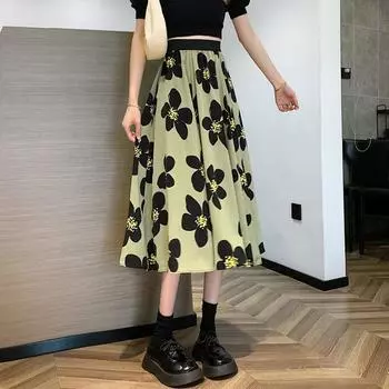 Женские летние юбки с цветочным принтом, эластичная талия длиной до щиколотки, женская трапециевидная универсальная винтажная юбка «Фея», уличная одежда Mujer M зелёный