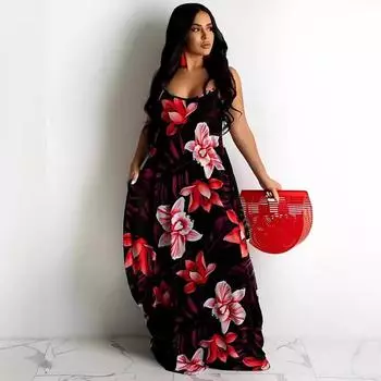 Женские летние удобные платья без бретелек с лямкой на бретельках с цветочным принтом S красный