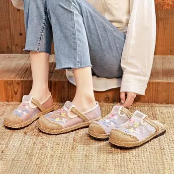 Женские летние удобные сетчатые дышащие туфли в этническом стиле с круглым носком и цветочной вышивкой на плоской подошве из льна 35