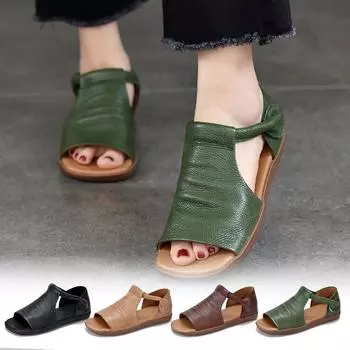 Женские летние удобные универсальные туфли из натуральной кожи с открытым носком на плоской подошве в стиле ретро 35 зелёный