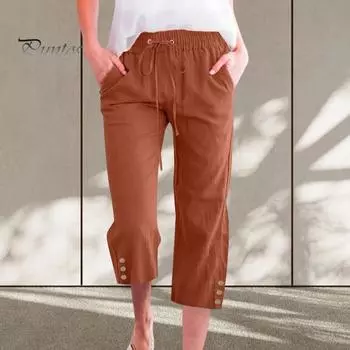 Женские летние укороченные брюки с эластичной резинкой на талии, свободные повседневные брюки, однотонные брюки с карманами и пуговицами, декор до середины икры, уличная одежда 2XL зелёный