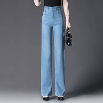 Женские летние укороченные джинсы из тенселя: 2025 Похудение, Свободный крой, Эластичная талия, Брюки прямого кроя 31/125-135 lbs