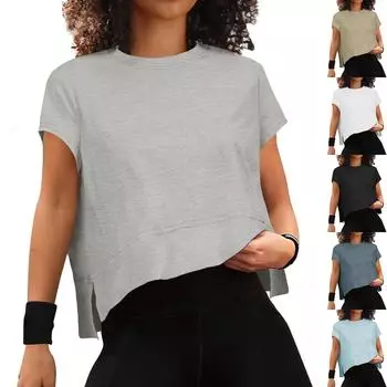 Женские летние укороченные топы с короткими рукавами и боковыми разрезами, спортивные футболки для занятий йогой в тренажерном зале L чёрный