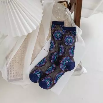 Женские летние ультратонкие прозрачные носки из хрустального шелка, дышащие, в стиле харадзюку, с ретро-вышивкой, эластичные длинные носки EUR 34-39
