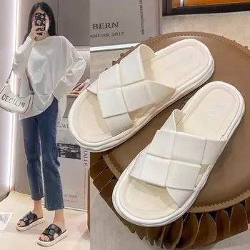 Женские летние уличные простые клетчатые сандалии новые домашние тапочки на плоской подошве нескользящие износостойкие тапочки 36/37 белый