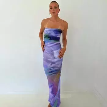 Женские летние узкие платья-футляры с открытой спиной и принтом S фиолетовый