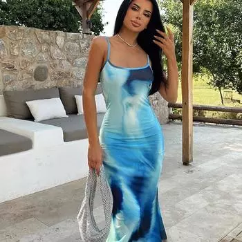 Женские летние узкие пляжные платья с бретельками на бретельках с принтом S синий