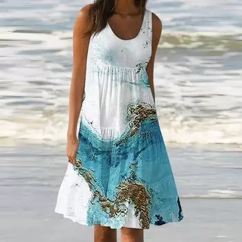 Женские летние весенние плиссированные богемные платья, милые струящиеся пляжные платья без рукавов, прямая футболка, платья-майки, платья с круглым вырезом XXL