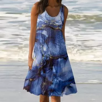 Женские летние весенние плиссированные богемные платья, милые струящиеся пляжные платья без рукавов, прямая футболка, платья-майки, платья с круглым вырезом L