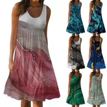 Женские летние весенние плиссированные богемные платья, милые струящиеся пляжные платья без рукавов, прямая футболка, платья-майки, платья с круглым вырезом XXL