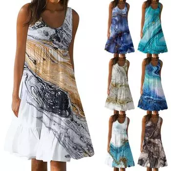 Женские летние весенние плиссированные богемные платья, милые струящиеся пляжные платья без рукавов, прямая футболка, платья-майки, платья с круглым вырезом L